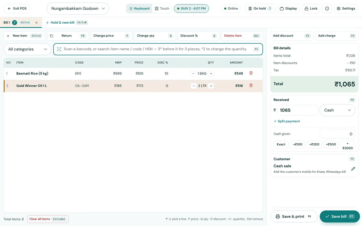 HextaBook POS billing counter with a bill and split payment