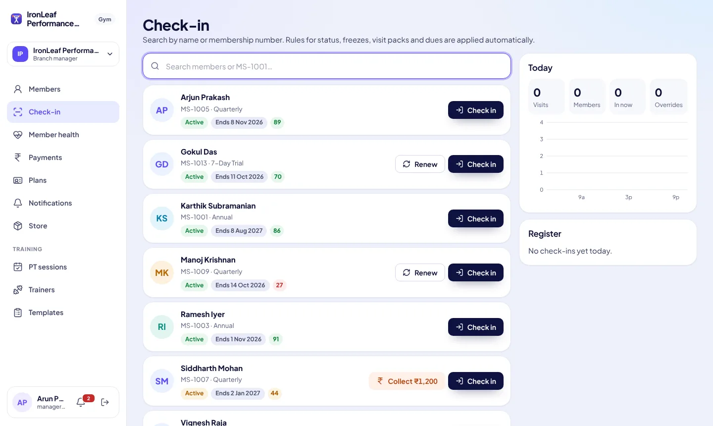 Check-in — search a member and check them in